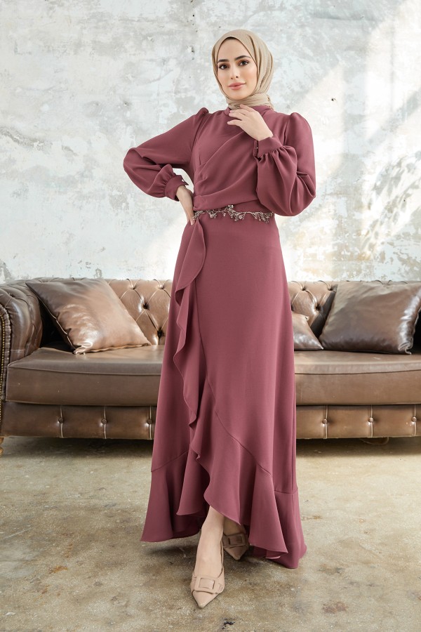 Eteği Volanlı Abiye - Gül Kurusu