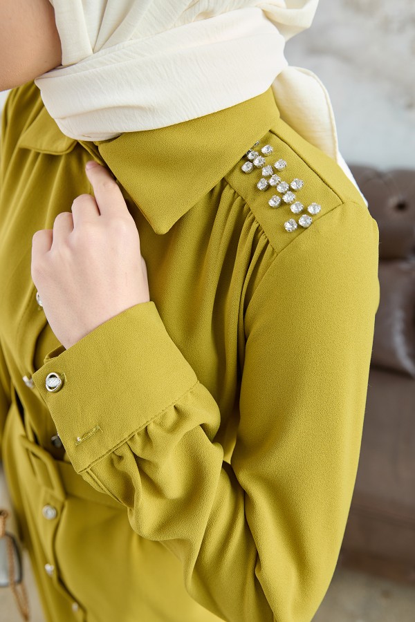 Kemerli Omuzu Taşlı Tunik - Yağ Yeşili