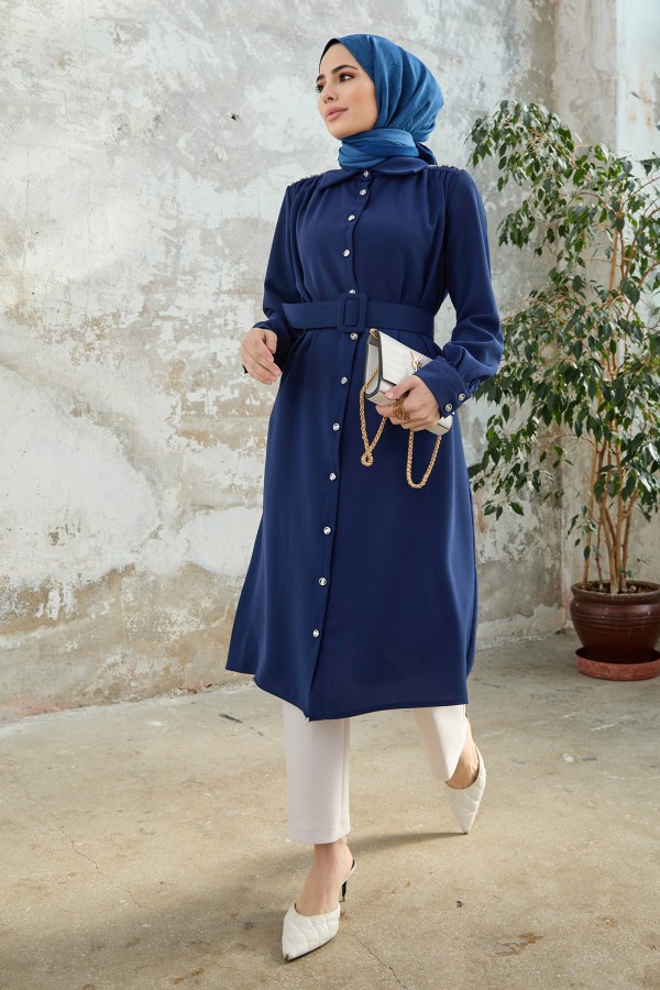 Kemerli Omuzu Taşlı Tunik - İndigo