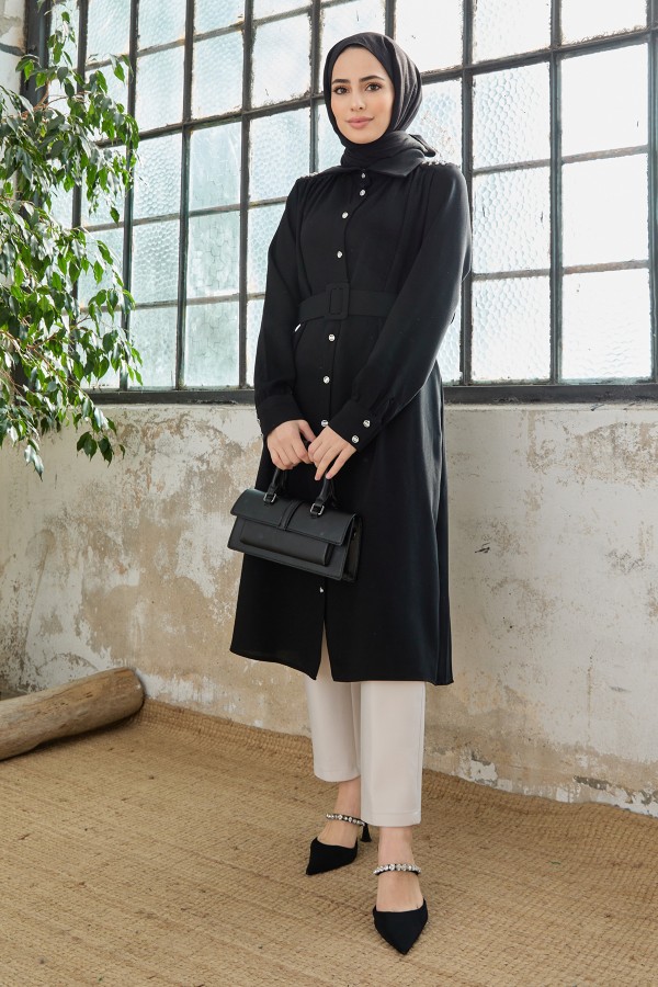 Kemerli Omuzu Taşlı Tunik - Siyah