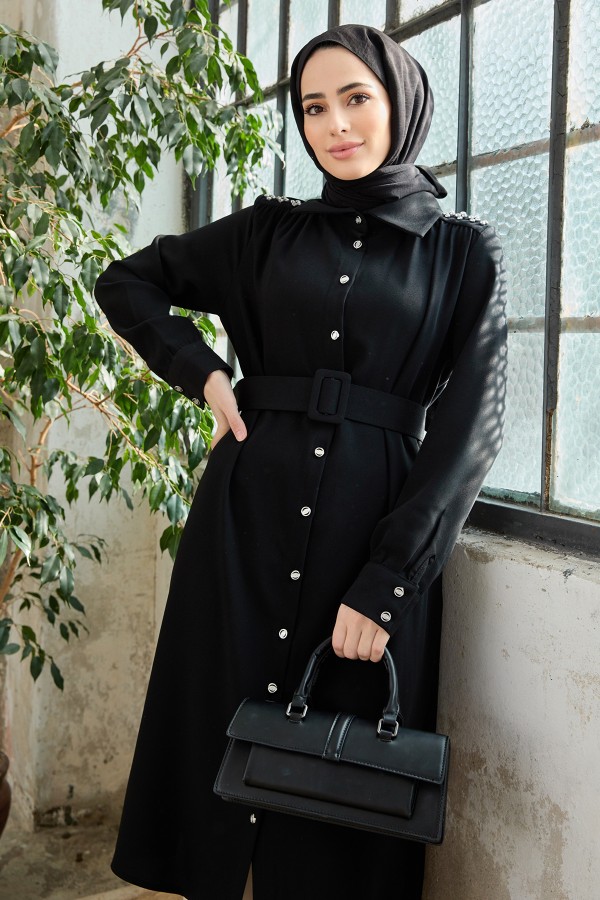 Kemerli Omuzu Taşlı Tunik - Siyah