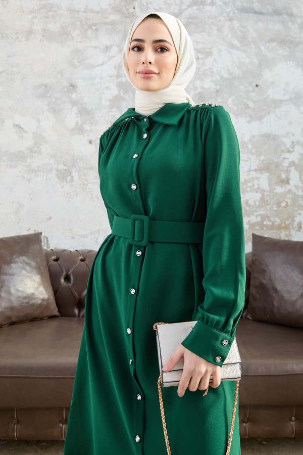 Kemerli Omuzu Taşlı Tunik - Zümrüt