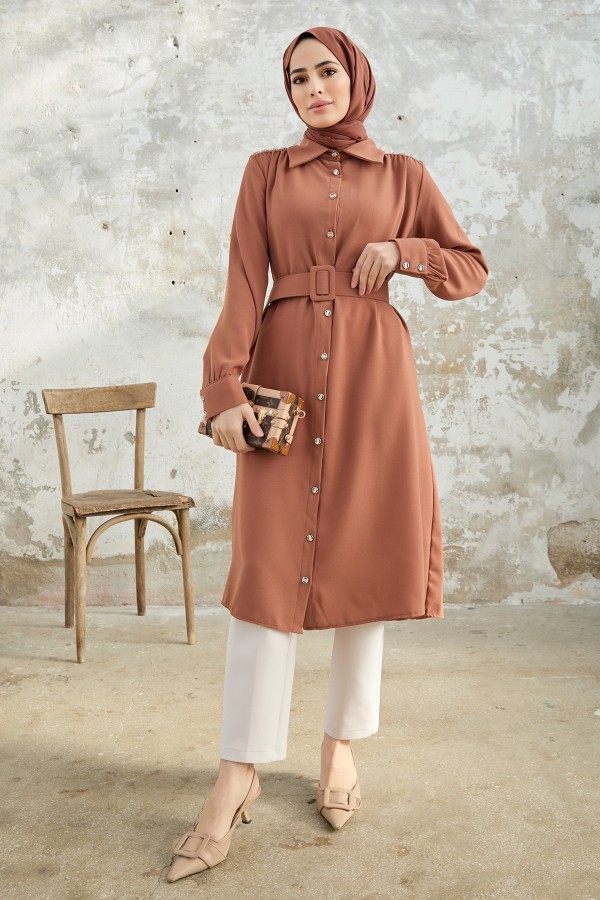 Kemerli Omuzu Taşlı Tunik - Camel