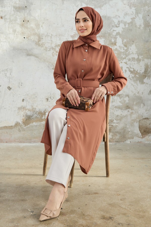 Belted Shoulder Stone Tunic - Camel