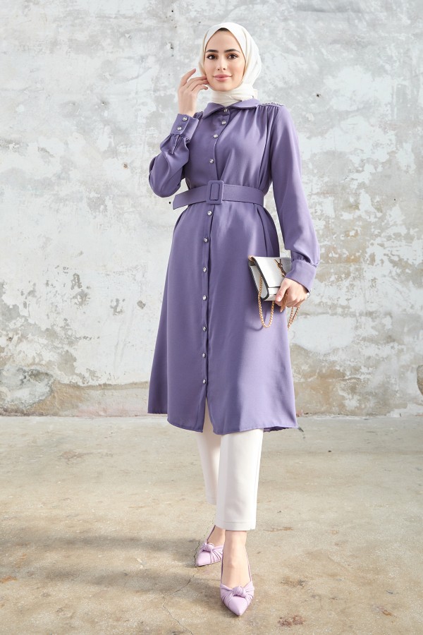 Kemerli Omuzu Taşlı Tunik - Lila