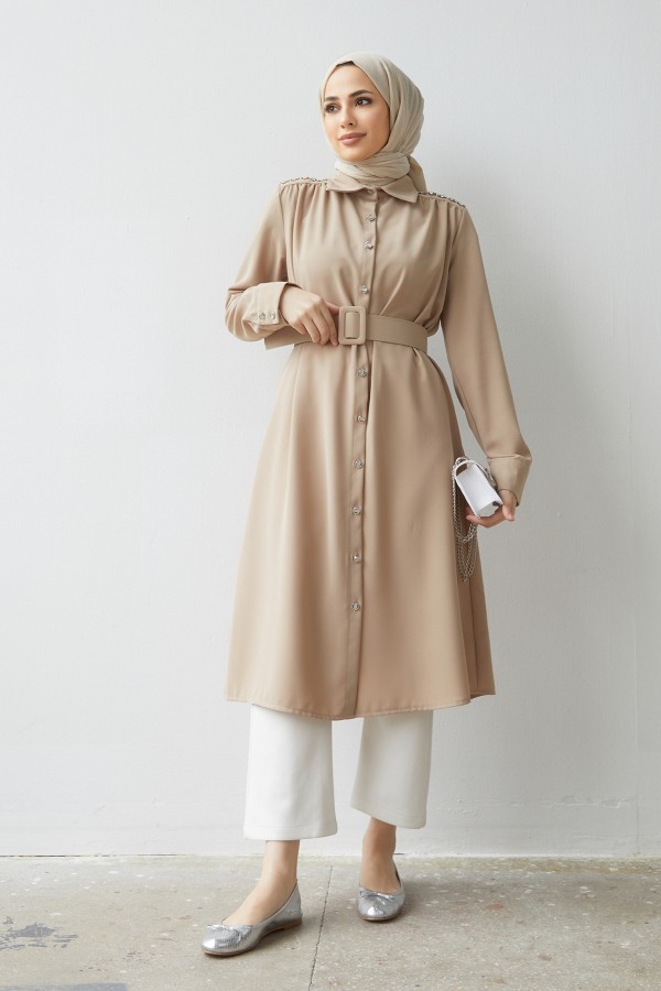 Kemerli Omuzu Taşlı Tunik - Bej