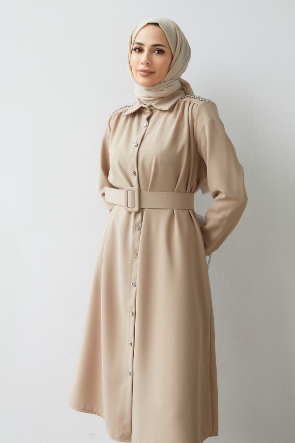 Kemerli Omuzu Taşlı Tunik - Bej