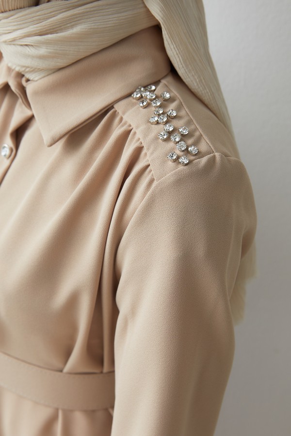 Kemerli Omuzu Taşlı Tunik - Bej