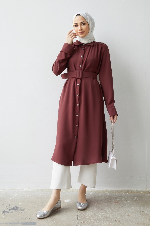 Kemerli Omuzu Taşlı Tunik - Gül Kurusu