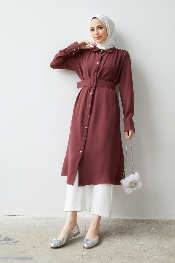 Kemerli Omuzu Taşlı Tunik - Gül Kurusu