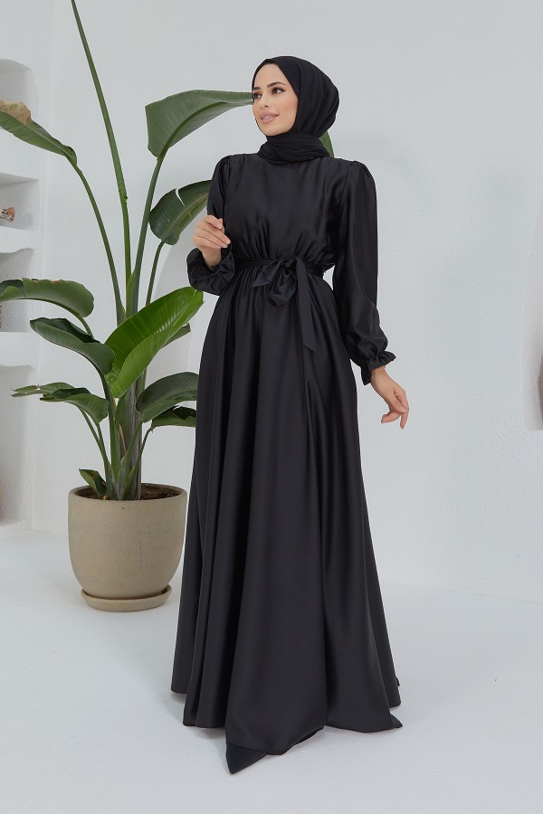 Liza Belted Satin Dress - Black