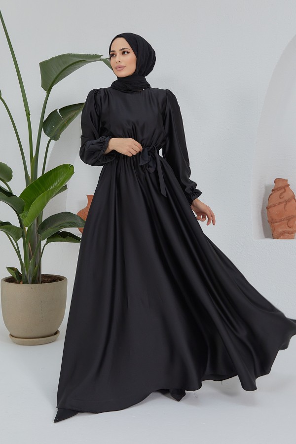 Liza Belted Satin Dress - Black