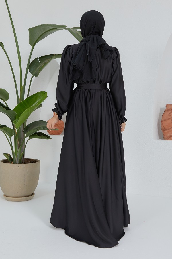 Liza Belted Satin Dress - Black