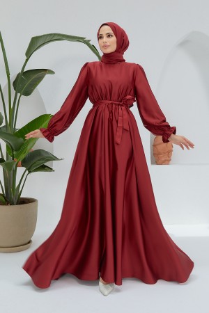 Liza Belted Satin Dress - Claret Red
