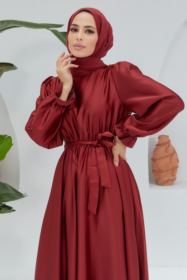 Liza Kuşaklı Saten Elbise - Bordo