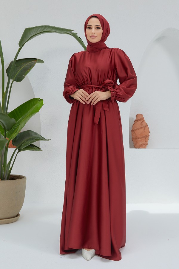 Liza Kuşaklı Saten Elbise - Bordo