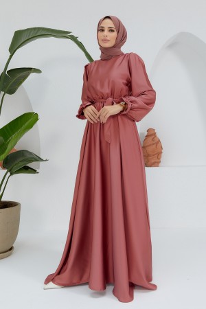 Liza Belted Satin Dress - Dried Rose