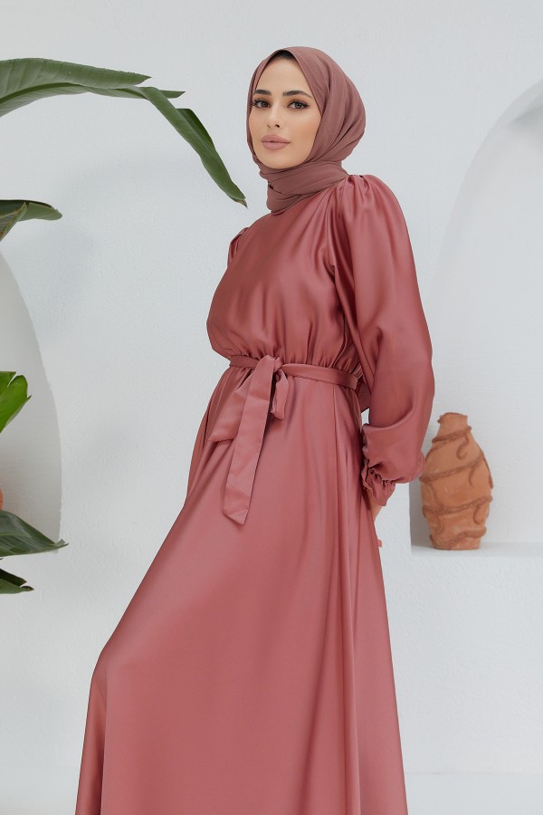 Liza Belted Satin Dress - Dried Rose