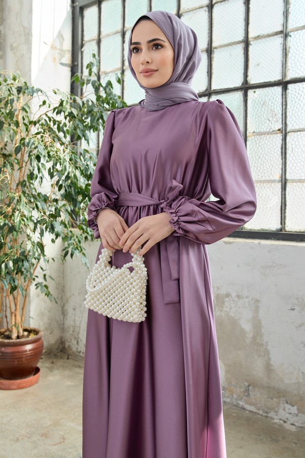 Liza Belted Satin Dress - Lilac