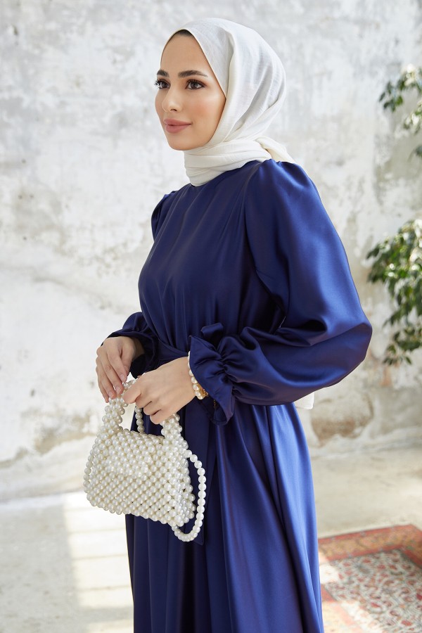 Liza Belted Satin Dress - Indigo