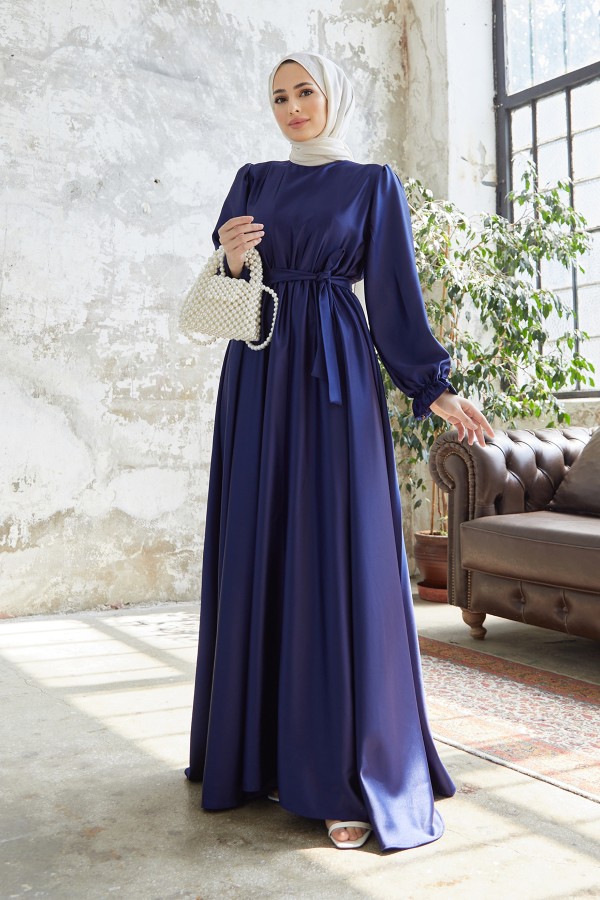 Liza Belted Satin Dress - Indigo