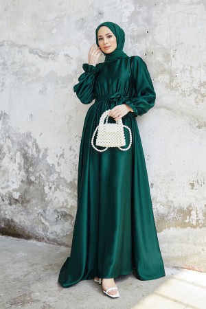 Liza Belted Satin Dress - Emerald