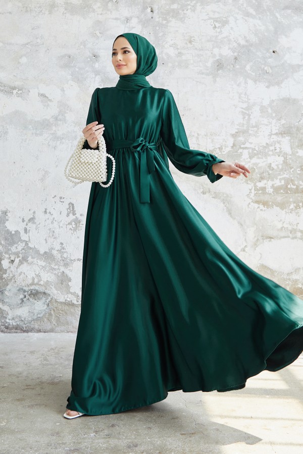 Liza Belted Satin Dress - Emerald