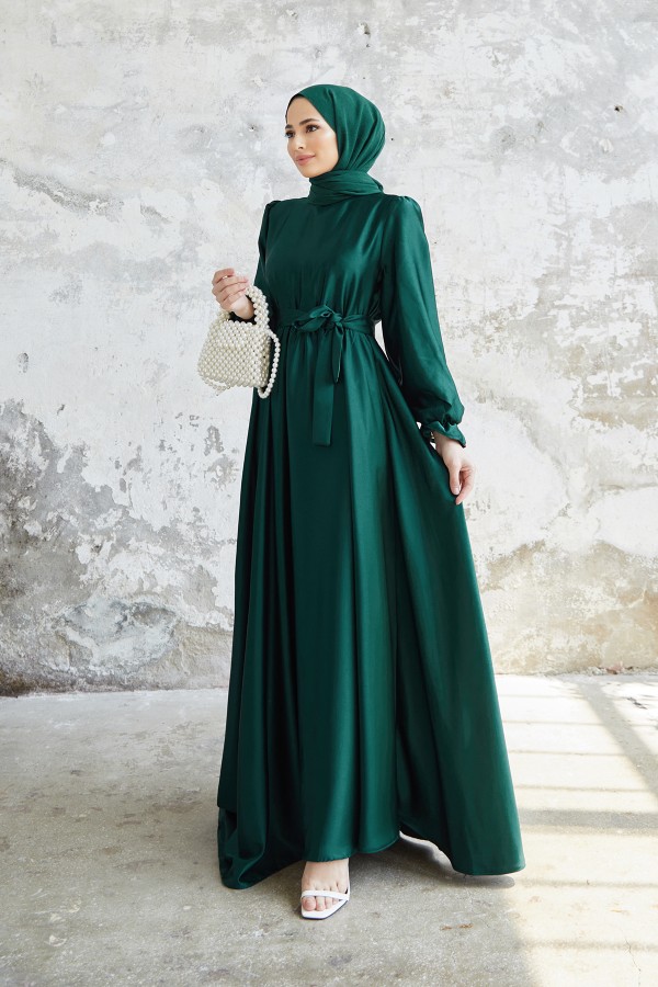 Liza Kuşaklı Saten Elbise - Zümrüt