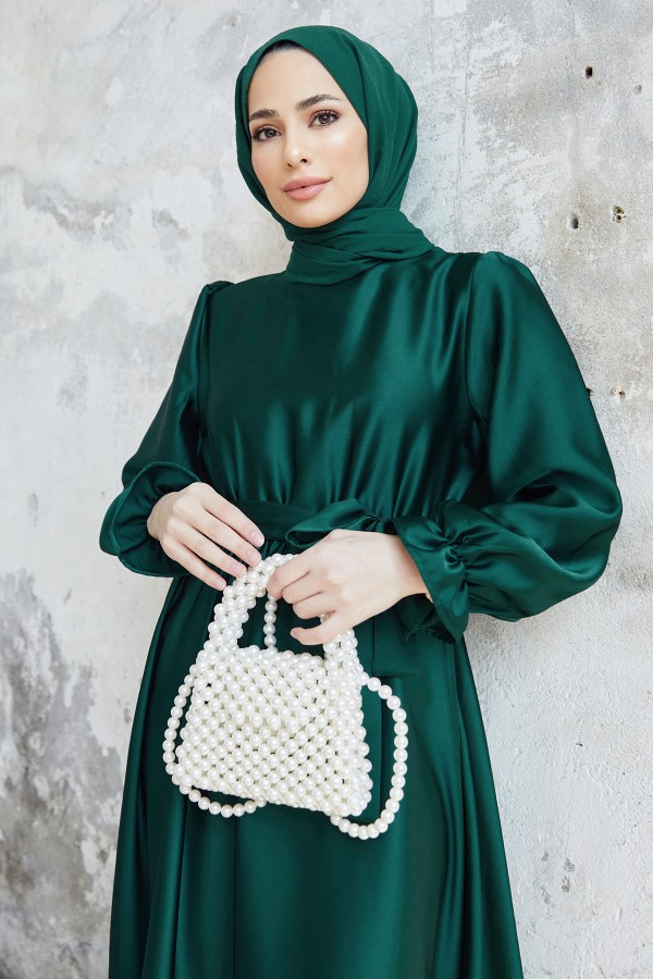 Liza Kuşaklı Saten Elbise - Zümrüt