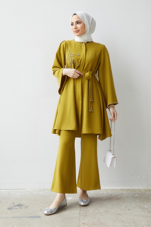 Luna Taş İşlemeli Takım - Yağ Yeşili