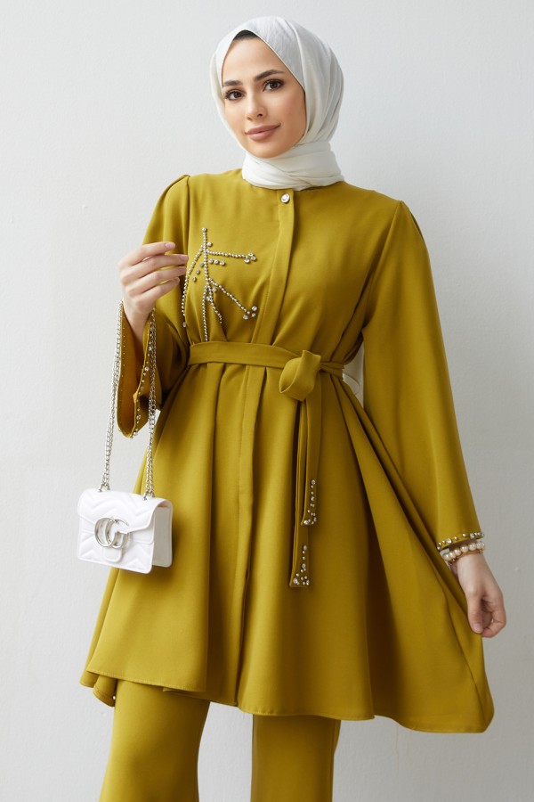 Luna Taş İşlemeli Takım - Yağ Yeşili