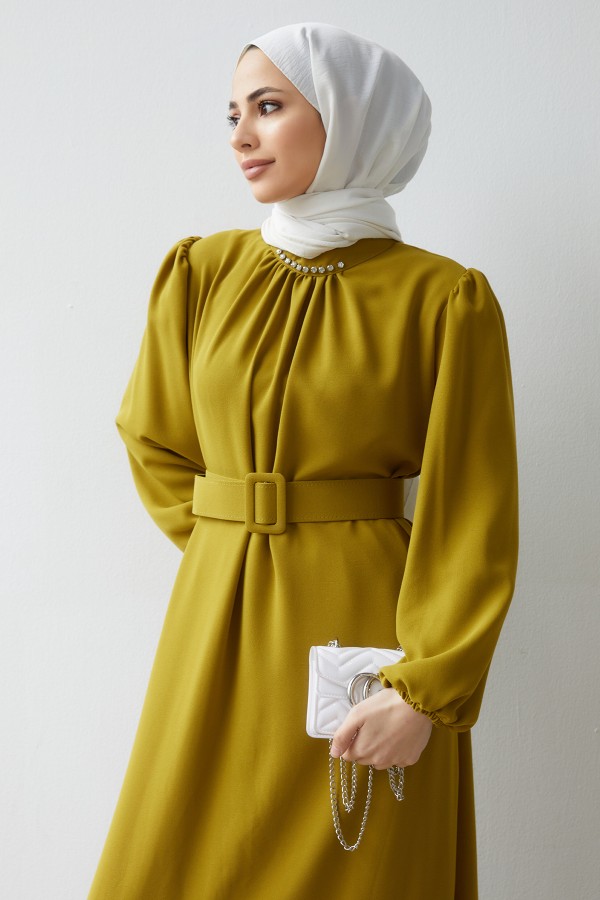 Etek Ucu Pileli Elbise - Yağ Yeşili