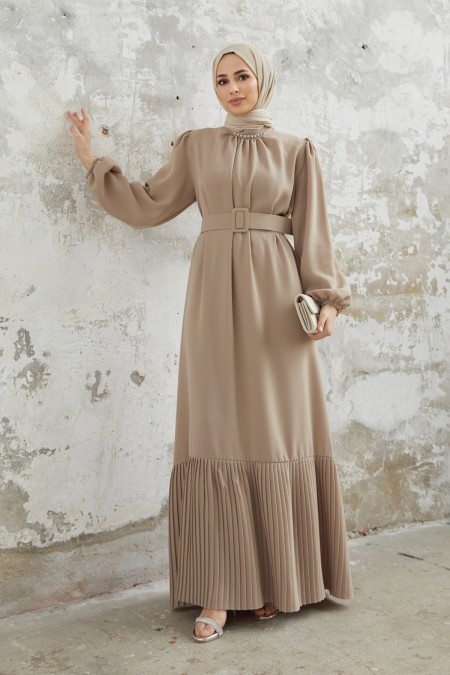 Etek Ucu Pileli Elbise - Vizon