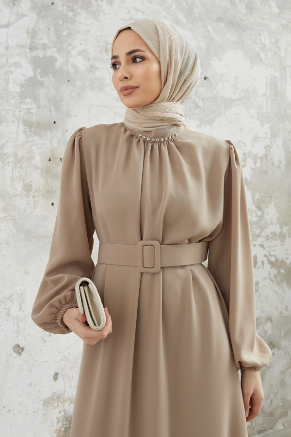 Etek Ucu Pileli Elbise - Vizon