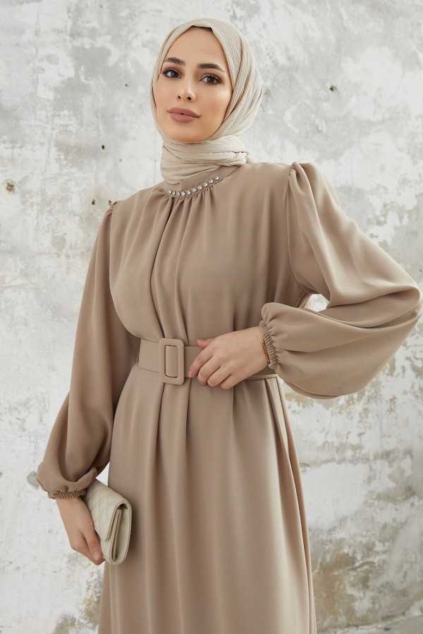 Etek Ucu Pileli Elbise - Vizon