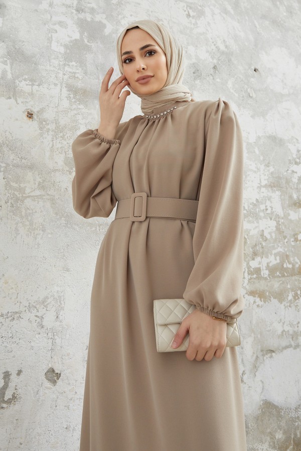 Etek Ucu Pileli Elbise - Vizon