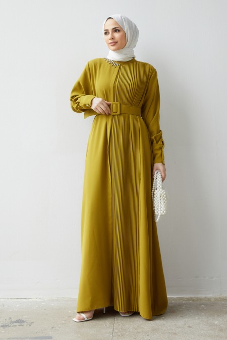 Piliseli Kemerli Elbise - Yağ Yeşili