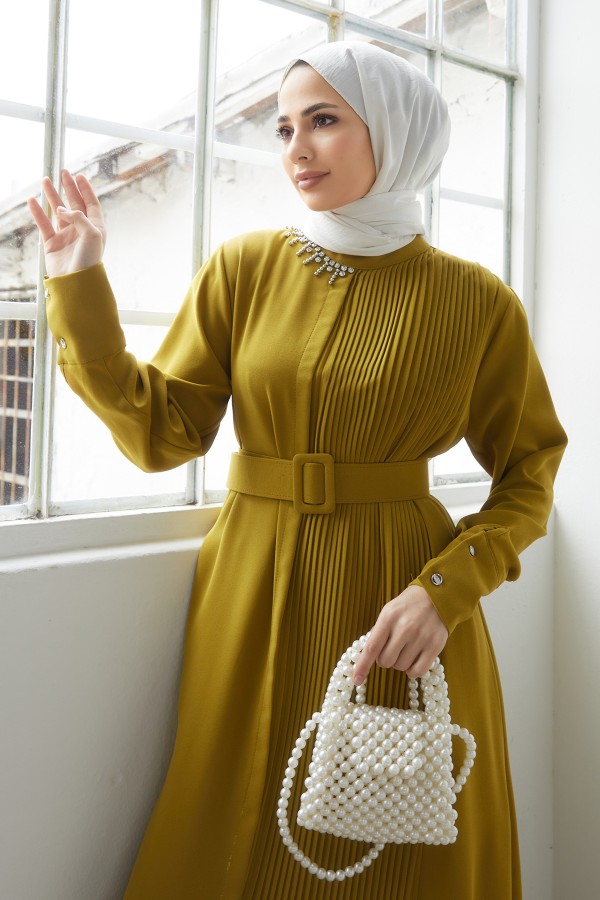 Pleated Belt Dress - Oil Green