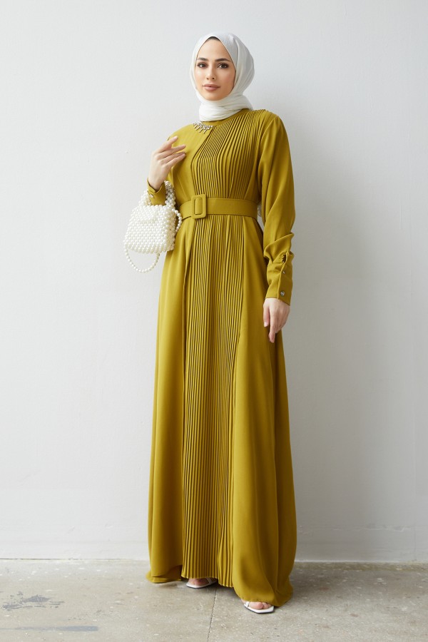 Pleated Belt Dress - Oil Green