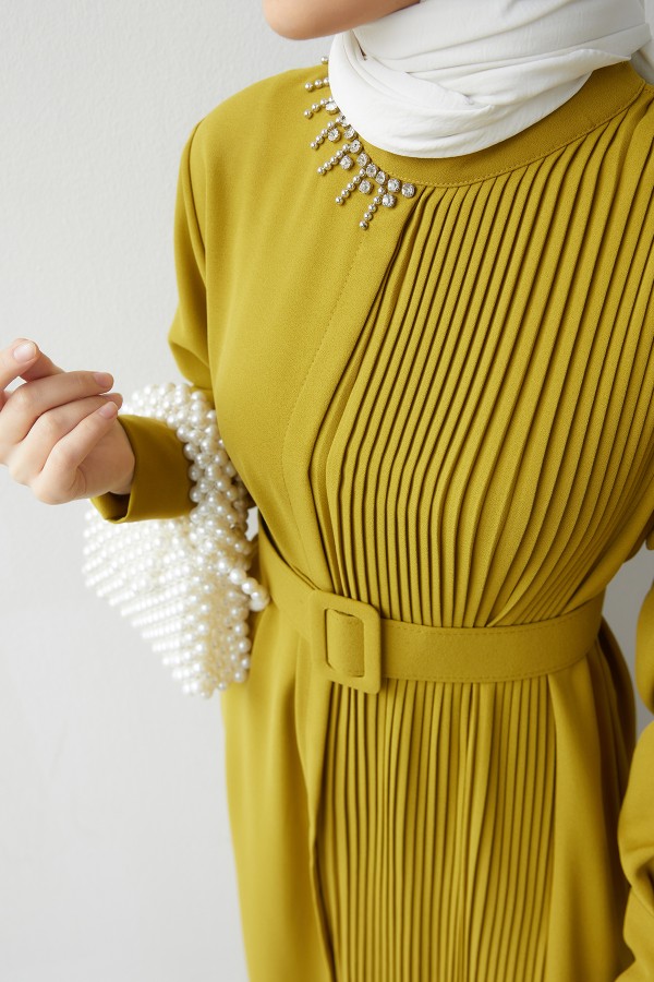 Pleated Belt Dress - Oil Green