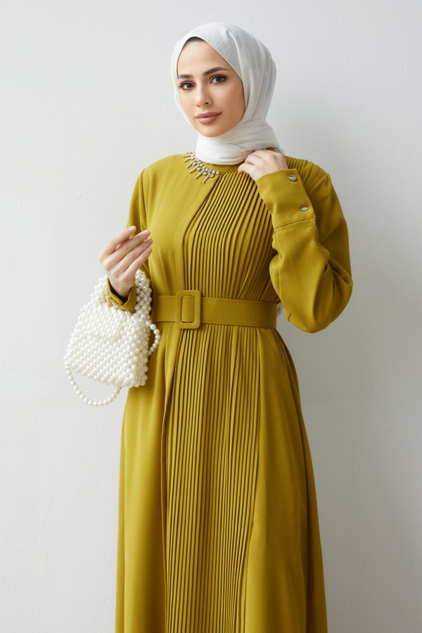 Pleated Belt Dress - Oil Green