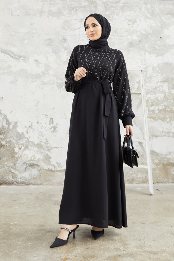 Pera Taşlı Elbise - Siyah