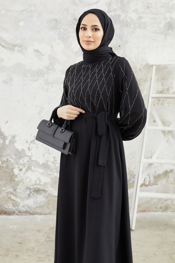 Pera Taşlı Elbise - Siyah