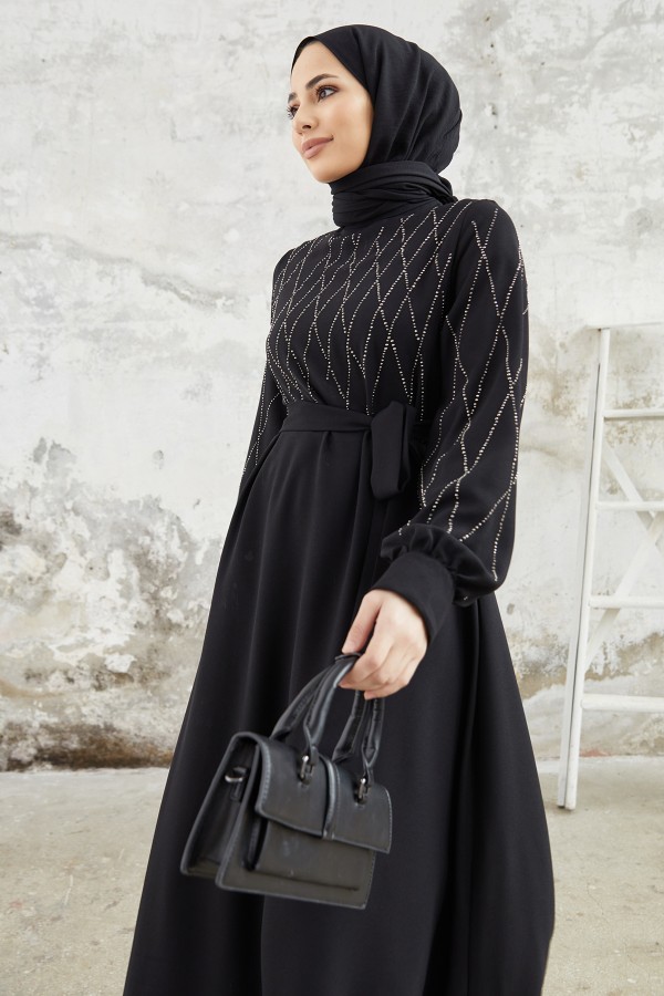 Pera Taşlı Elbise - Siyah