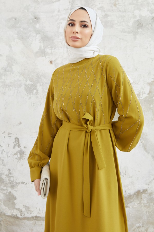 Pera Taşlı Elbise - Yağ Yeşili