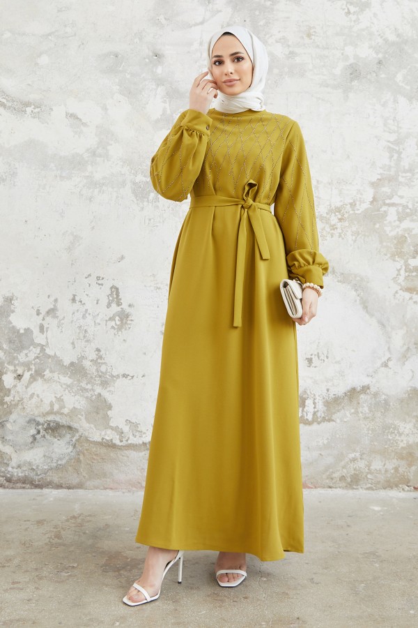 Pera Taşlı Elbise - Yağ Yeşili