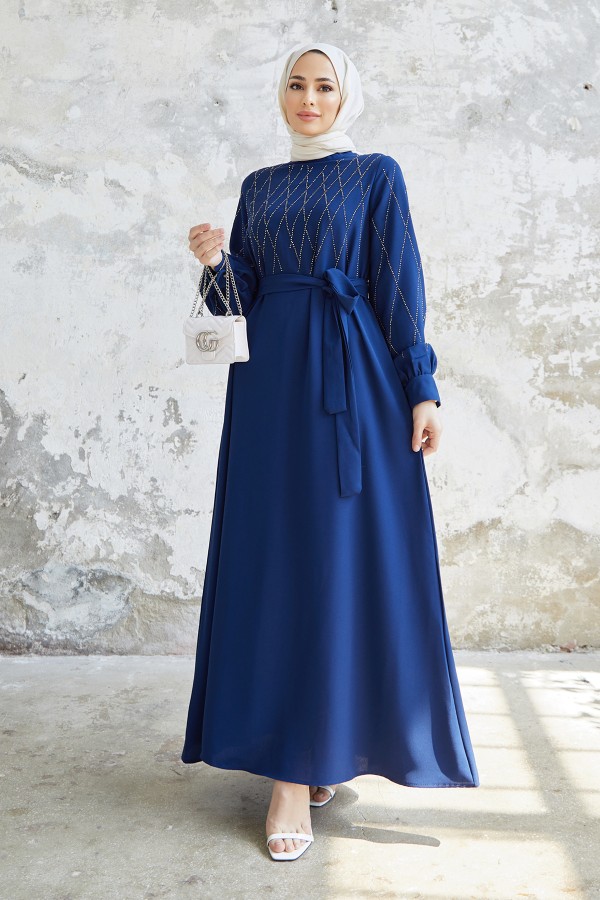 Pera Taşlı Elbise - İndigo