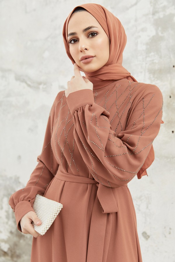Pera Taşlı Elbise - Camel