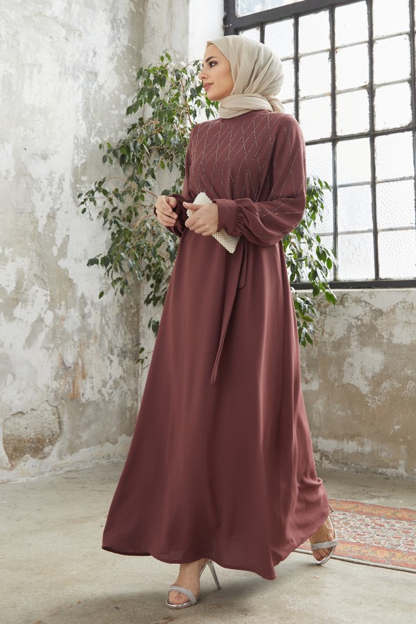 Pera Taşlı Elbise - Gül Kurusu