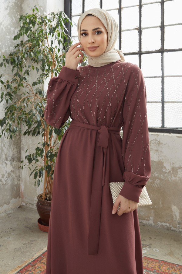 Pera Taşlı Elbise - Gül Kurusu